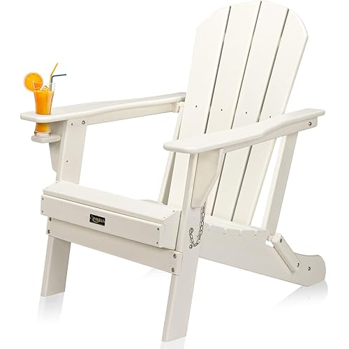 VINGLI Plastic Folding Adirondack Chair with Cup Holder, 100% Recyclable Waterproof HDPE Material, Comfortable 380lb Weight Capacity for Outdoor Pool Patio Lounge Chair Lawn Furniture Firepit (White)