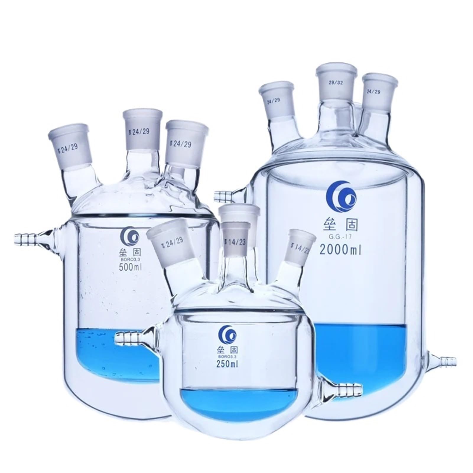 Frasco de reacción de Doble Capa de Laboratorio de Botella de reacción con Camisa de Vidrio de Cuatro Bocas de Fondo Redondo(500mL 24x24x24x24)