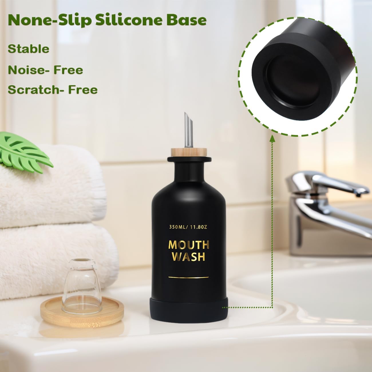 Mouthwash Dispenser for Bathroom 11.8oz – Glass Mouthwash Bottle with Cup & Bamboo Tray, Gold Hot-Stamped Lettering, Silicone Base, Modern Bathroom Accessory (Black) - Image 5