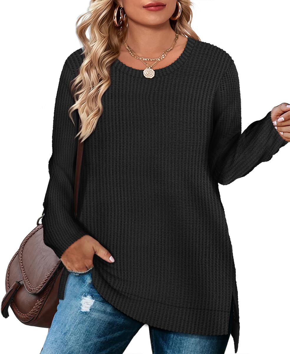 RITERA Plus Size Women Sweaters Waffle Knit Pullover Top Long Sleeve Casual Crewneck Shirt Loose Split Hem Fall Winter Blouse