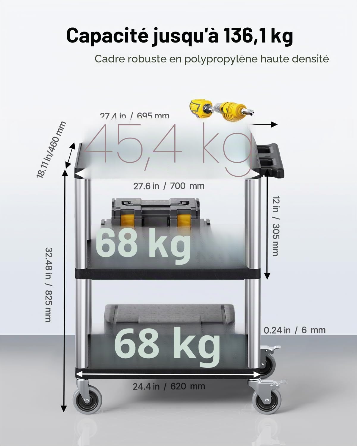 VEVOR Chariot de Service, 695x460x825 mm, Desserte à roulettes Utilitaire en Plastique Robuste à 3 Niveaux, avec Roues Pivotantes 360° (2 avec Freins), Adapté pour Entrepôt, Bureau, Maison, Nettoyage