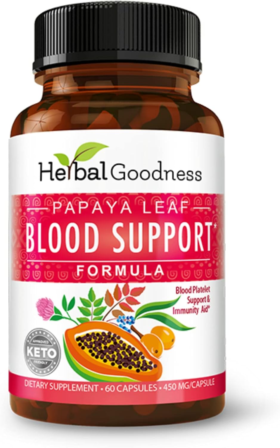 Herbal Goodness Papaya Leaf Blood Support Capsules - Platelet & Bone Marrow Health, Immunity Support & Blood Cleanse - 60/450mg Veggie Capsules (1 Bottle)