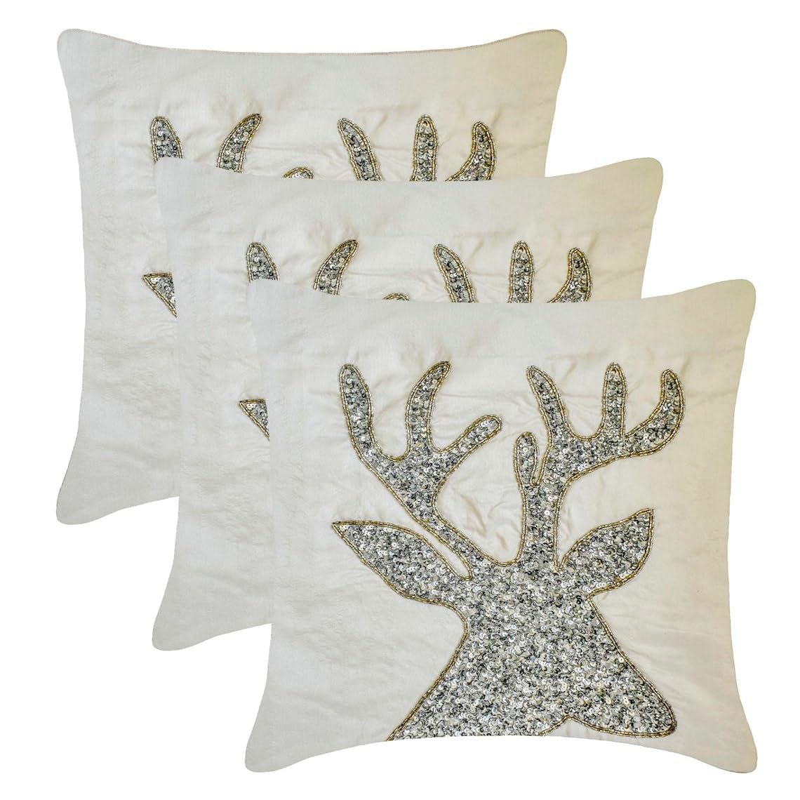 Almohadas navideñas navideñas Decorativo Blanco y Plata Fundas de colchón, 60 x 60 cm Seda Cojin Navidad decorativa Funda de almohada, Cabeza de reno Moderno Fundas de colchón - Sequined Antlers