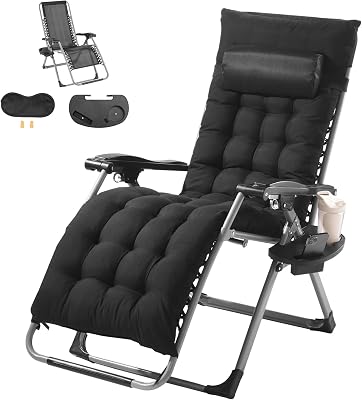 VEVOR Silla de Gravedad Cero 645 mm Sillón Reclinable para Jardín Tumbona para Terraza Capacidad de 226,8 kg Tumbona Antigravedad Ajustable con Cojín Reposacabezas Reposapiés Portavasos, Negro