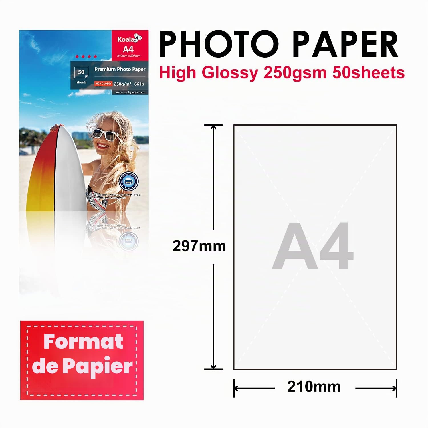 KOALA Papier photo jet d'encre brillant, A4, 250 g/m², 50 feuilles, avec revêtement en résine avancée haute brillance de qualité supérieure, pour imprimante à jet d'encre Canon Hp Epson