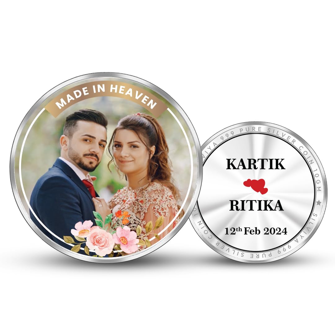 BIS Hallmarked Round Shape 999 Pure Silver Personalized Wedding Coin (10g, 20g, 50g, 100g): Celebrate Love - Gift for Wife - Husband - Family - Friends - With Certificate