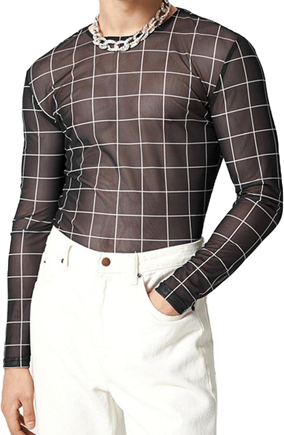 Evankin Mens Sexy Lace Shirt Top See Through Grid Print Long Sleeve T-Shirt Sheer Mesh Undershirts for Male