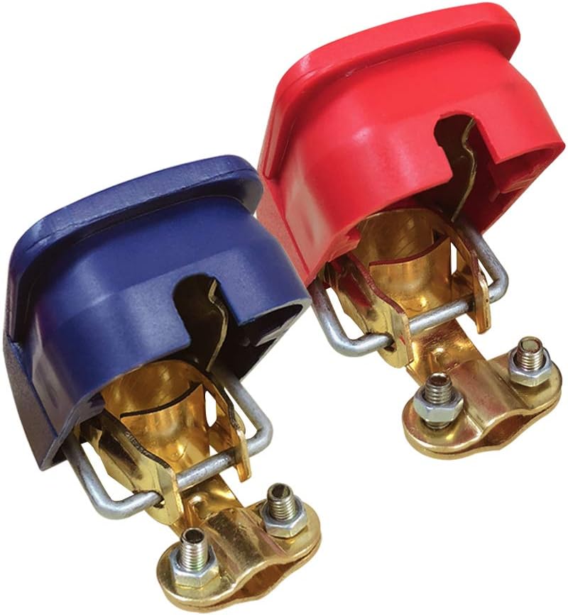 Ampper Quick Release Brass Battery Terminal Clamps, Quick Disconnect Battery Terminals with Red and Blue Cover for Top Post Battery (1 Pair)