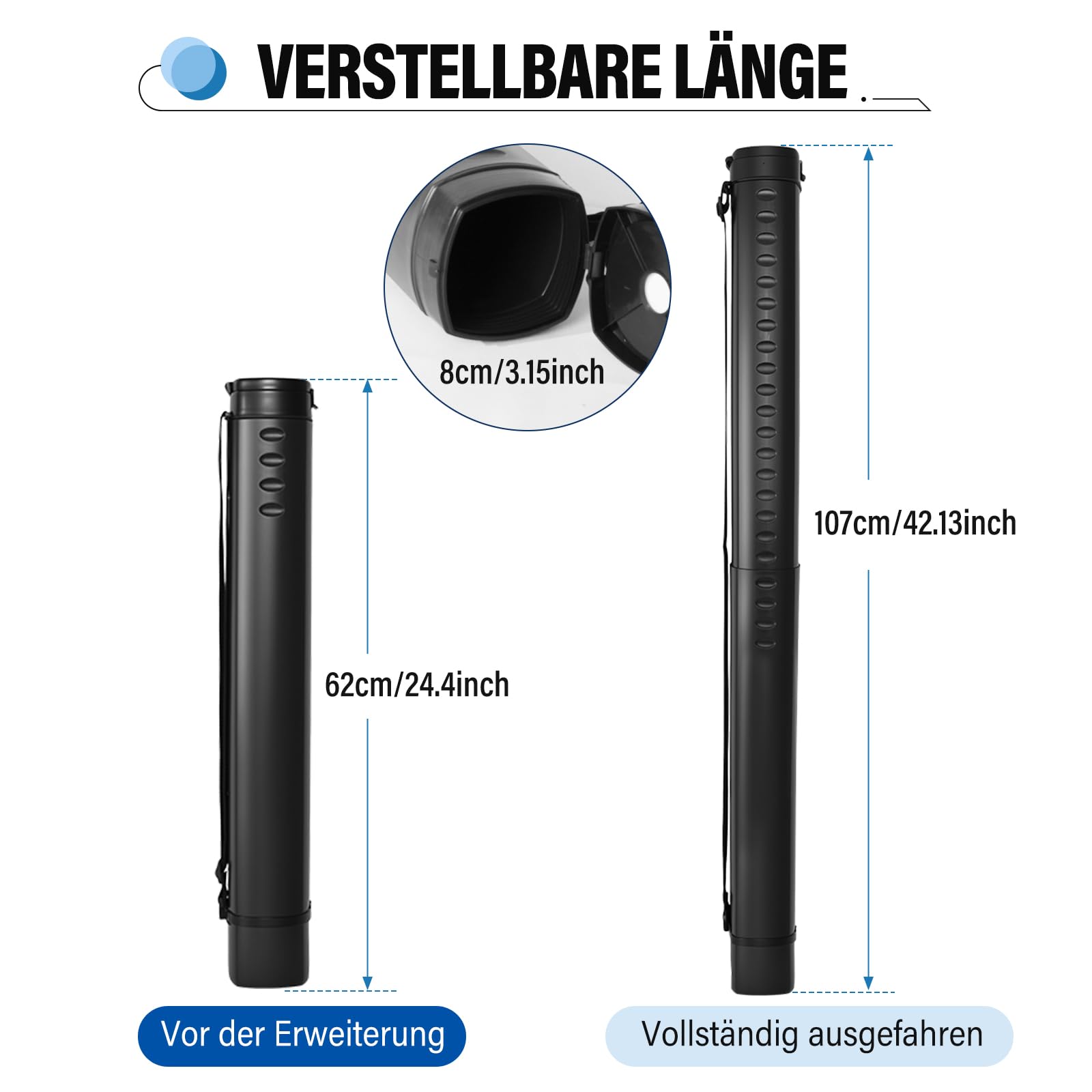 DEWEL Teleskop Posterrolle A0, Transportrolle Zeichenrolle, 62–107cm, Köcher für Bilder Poster und Flipchart Papier, Länge und Tragegurt verstellbar Kunststoff Zeichnungen 1 Stück (Schwarz)