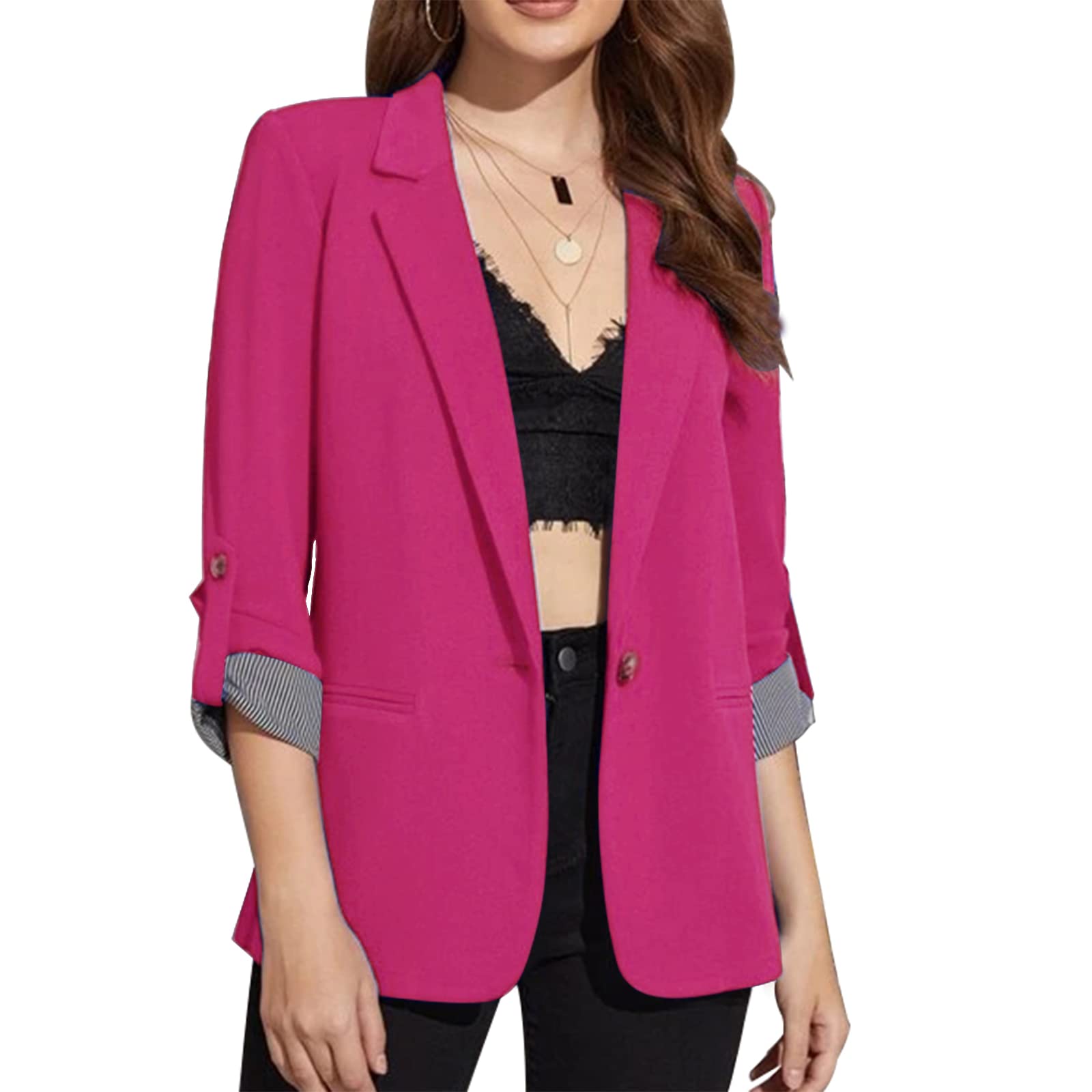 Women's Casual Work Office Blazer Pockets Button Up Roll Up Sleeves Long Suits Jackets-image-10