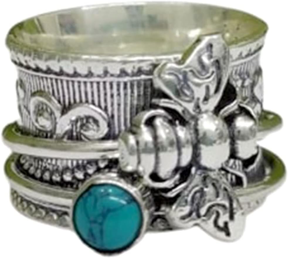Honey Bee Spinner Band Ring for Women, Handmade 925 Sterling Silver Boho Gemstone Fidget Ring, Meditation Worry Spin Band, Beautiful Gift for Her