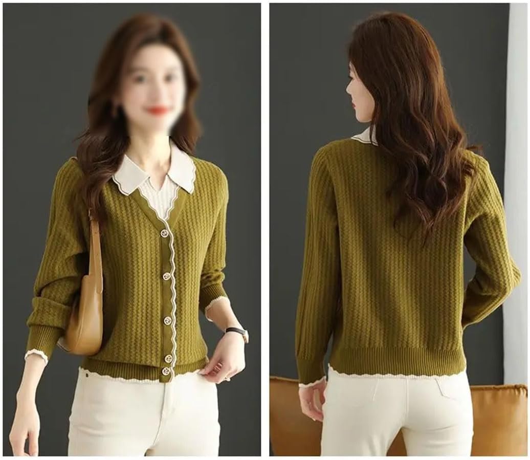 Women's Patchwork Lapel Button Sweater Fake Two Pieces Contrast Color Pullovers Long Sleeve Knitted Tops