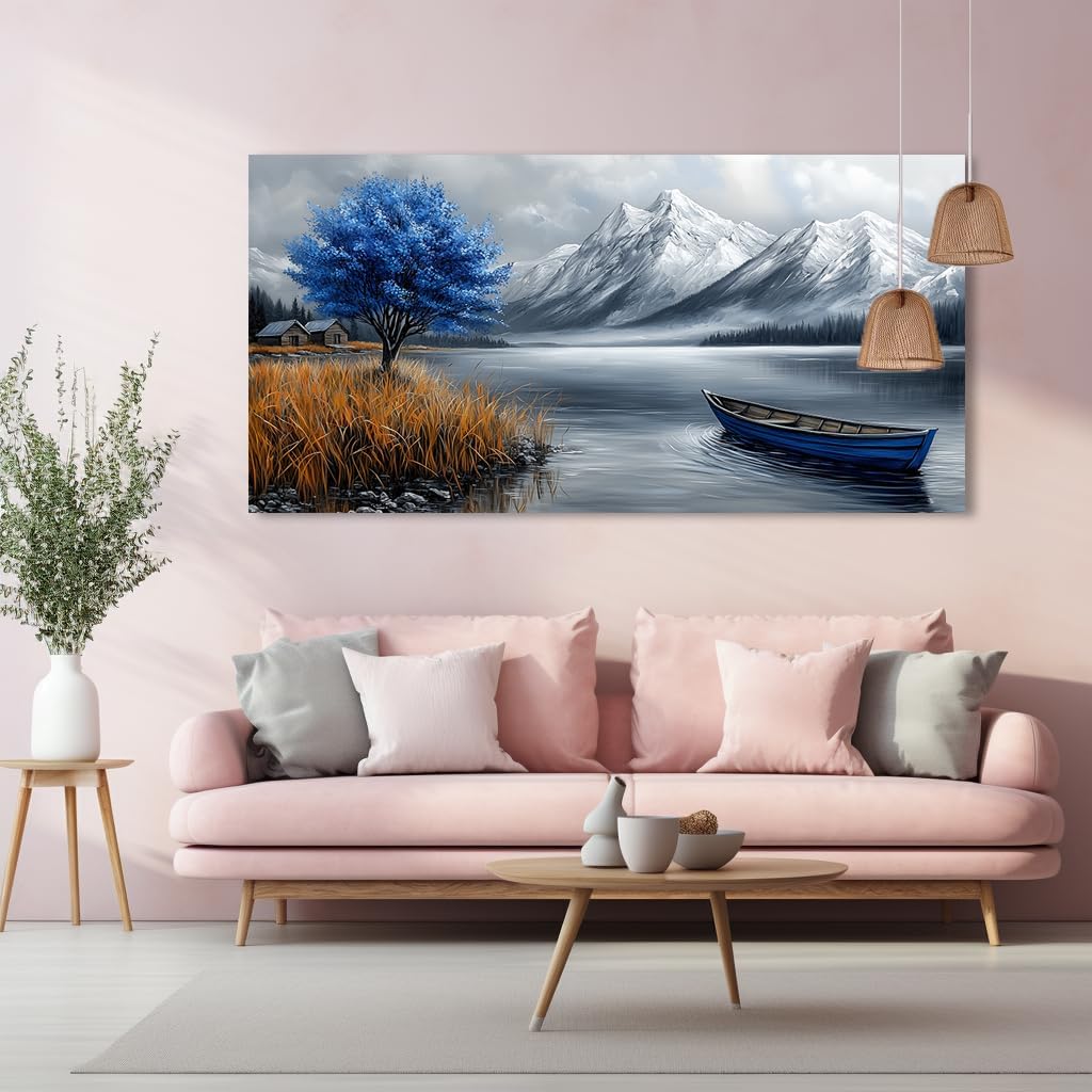 GAFSING Navy Blue Lake Wall Art for Living Room Office Calming Boat Mountain Cabin Painting Prints Vintage Canvas Artwork Farmhouse Bedroom Decor (16x32 Inches)