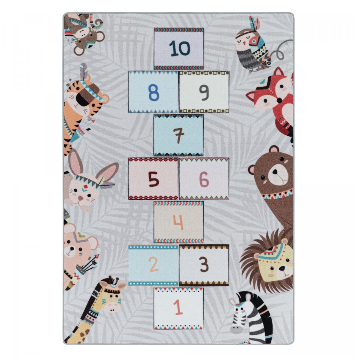 Tapis Enfant, 100 X 150 Cm, Motif Marelle Animaux Illustrés, Gris, Marron, Lavable 30 °C, Poils Ras Tissé, pour Chambre, 11434