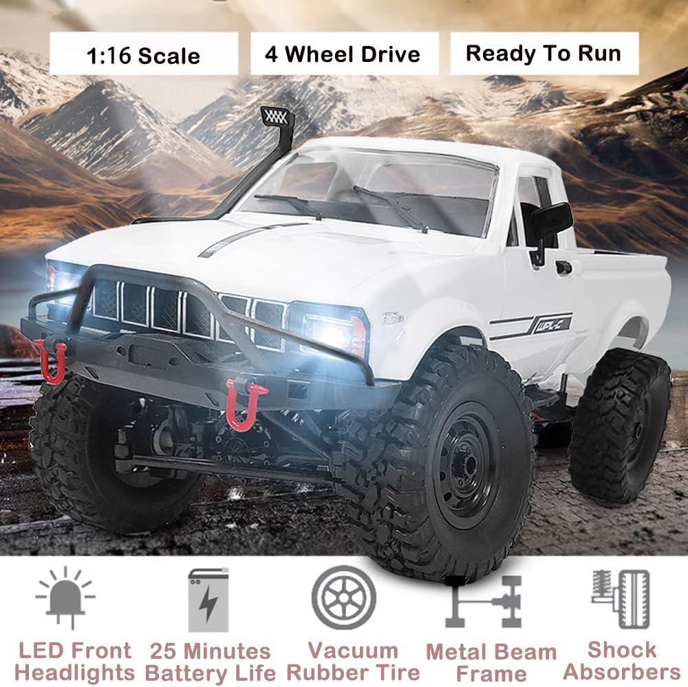 RC Truck 1/16 RC Rock Crawler, WPL C24 4x4 RC Pickup Truck, 2.4GHz Remote Control Car, All Terrain Off Road RC Climbing Car with Headlights and 2 Batteries for Adults (White)
