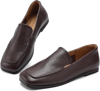Women's Genuine Leather Slip-On Loafers, Square Toe Flats Brown