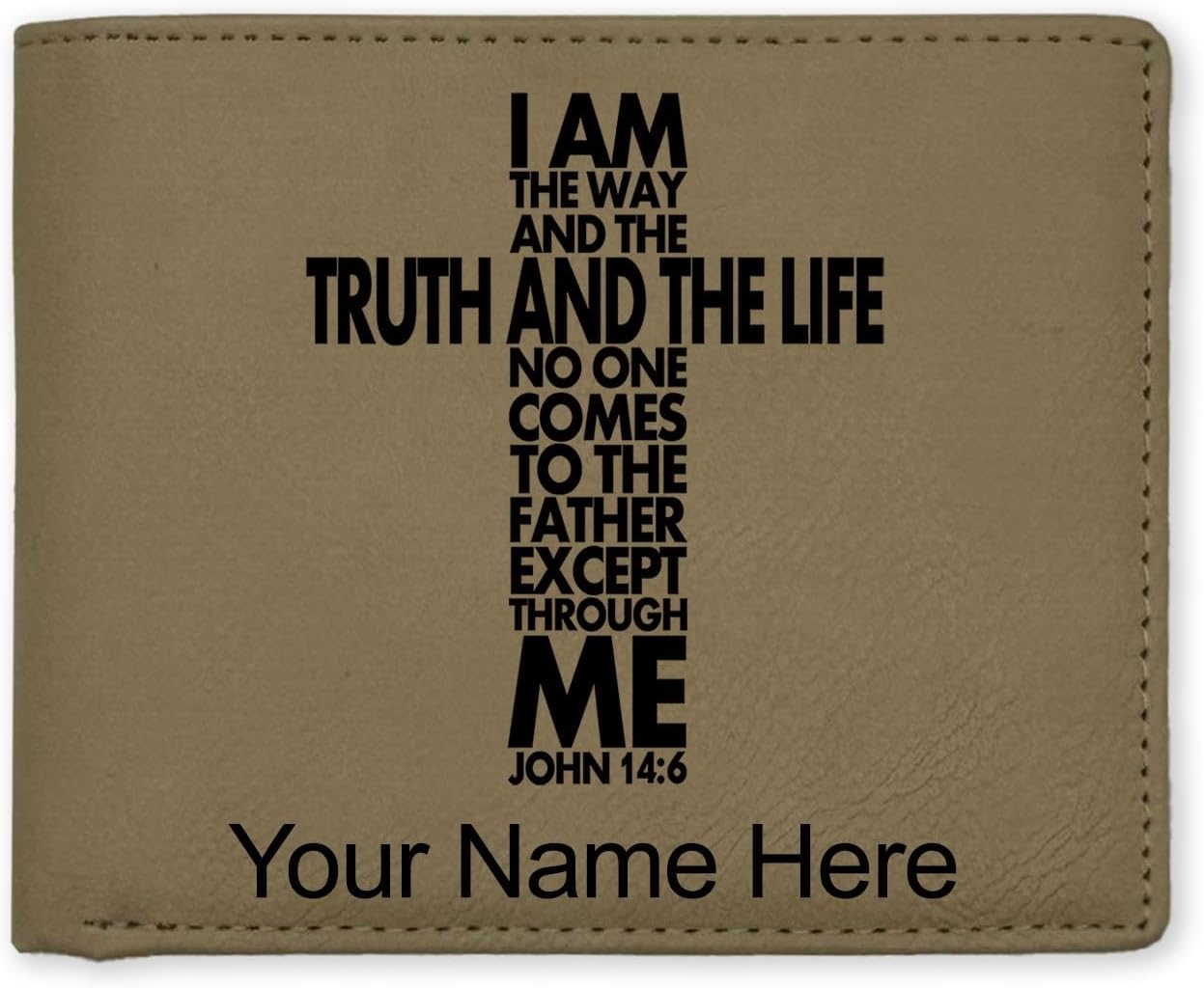 LaserGram Faux Leather Bi-Fold Wallet, Bible Verse John 14-6, Personalized Engraving Included (Dark Brown)