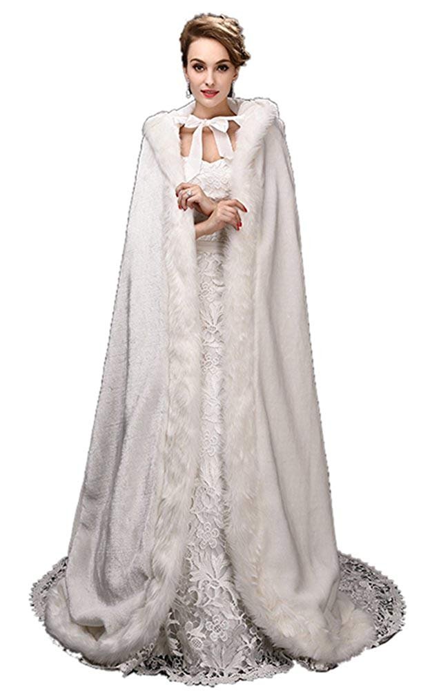 White Women's Cloak Coat with Hoods Winter Long Jacket Bridal Wraps Warm Faux Fur Cape-picture-41