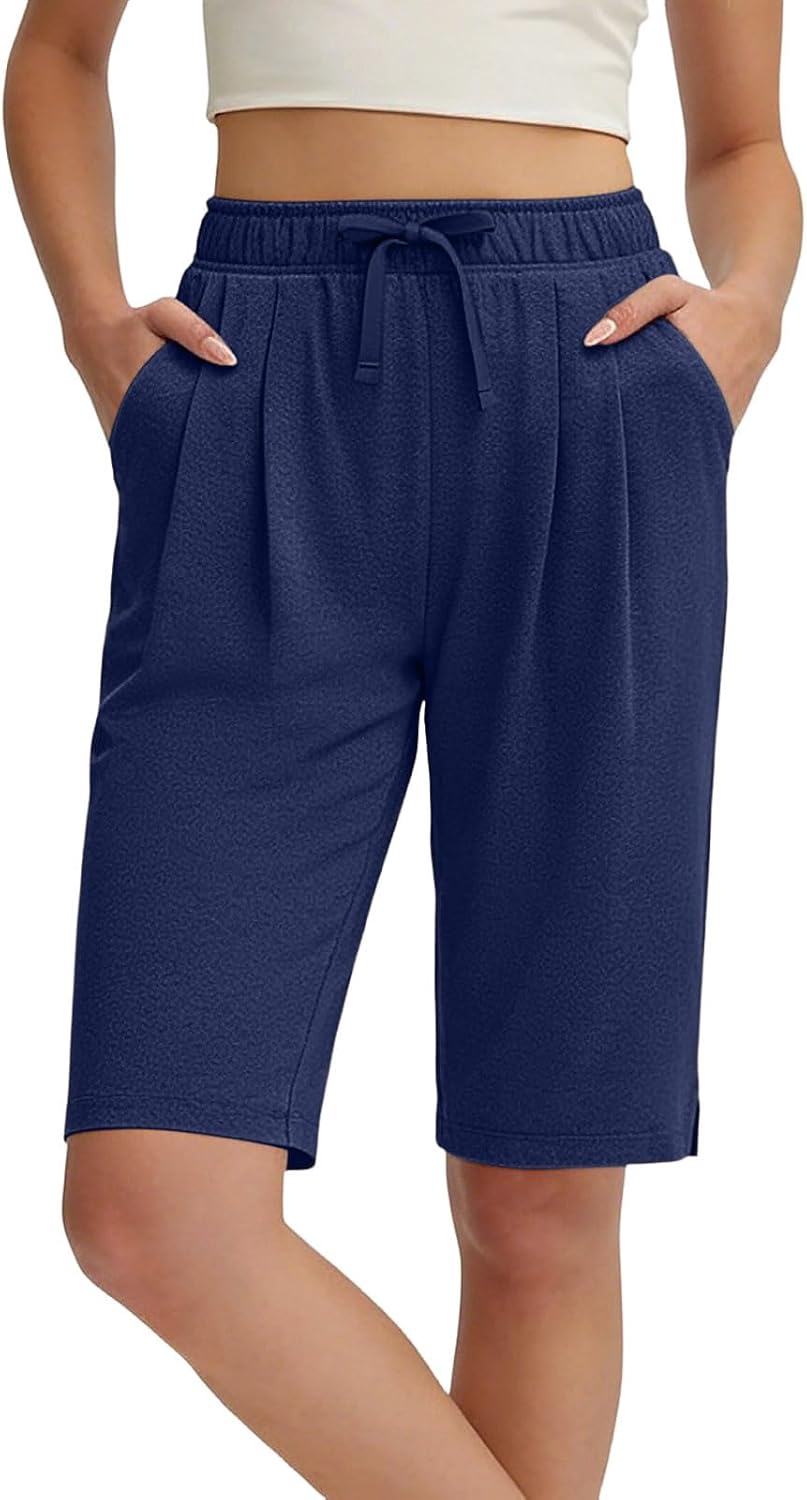 Bermuda Shorts for Women Knee Length Stretchy Drawstring Elastic Waist Wide Leg Casual Shorts with Pockets