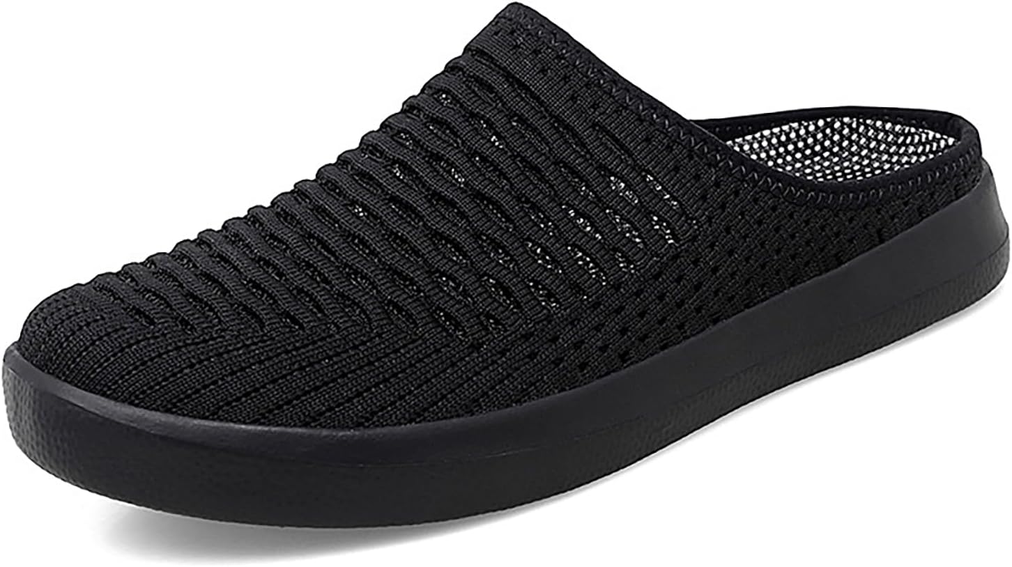Women's Mesh Breathable Flat Mule Shoes Closed Round Toe Knit Backless Slip On Softsole Lightweight Walking Shoes for Vacation Work