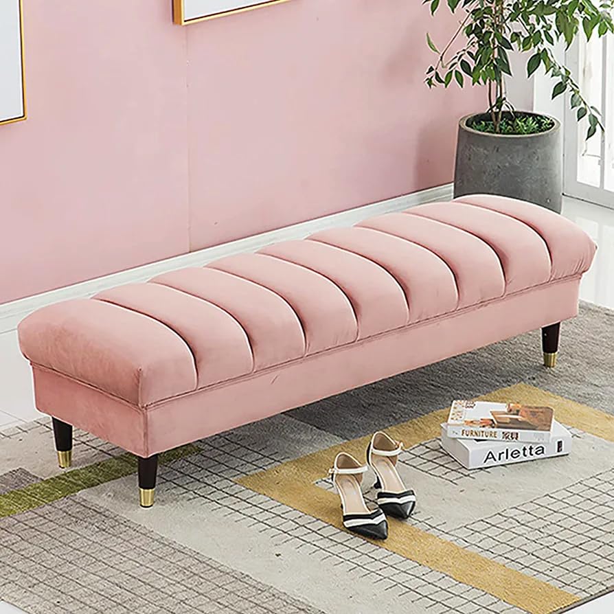 MTK WOOD PLAZA.Modern Accent Seat Sofa Bench Sofa couchbench Puffy Decorative Furniture for Living Room Bedroom Entrance Area Ottoman Bench Rectangular Velvet Padded Seat Pouf (Pink)-image-42