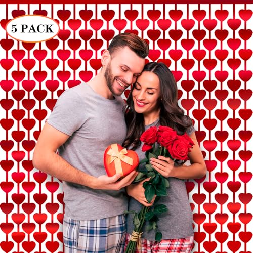 Image of LOLStar 5 Pack Valentines Decorations,Valentines Party Decoration,3.3x6.6ft Red Heart Shape Tinsel Foil Fringe Curtain Valentines Photo Backdrop,Streamer Backdrop for Birthday,Engagement,Wedding