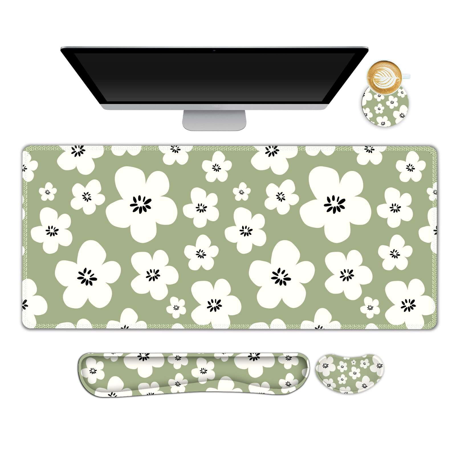 NXZGO Large Gaming Mouse Pad Set, 4 in1 Ergonomics Keyboard Desk Mat w/Memory Foam Wrist Rest, Computer Extended Game Mousepad, Non-Slip Desk Matt Pad Easy Typing Pain Relief I Green Lucky Florals