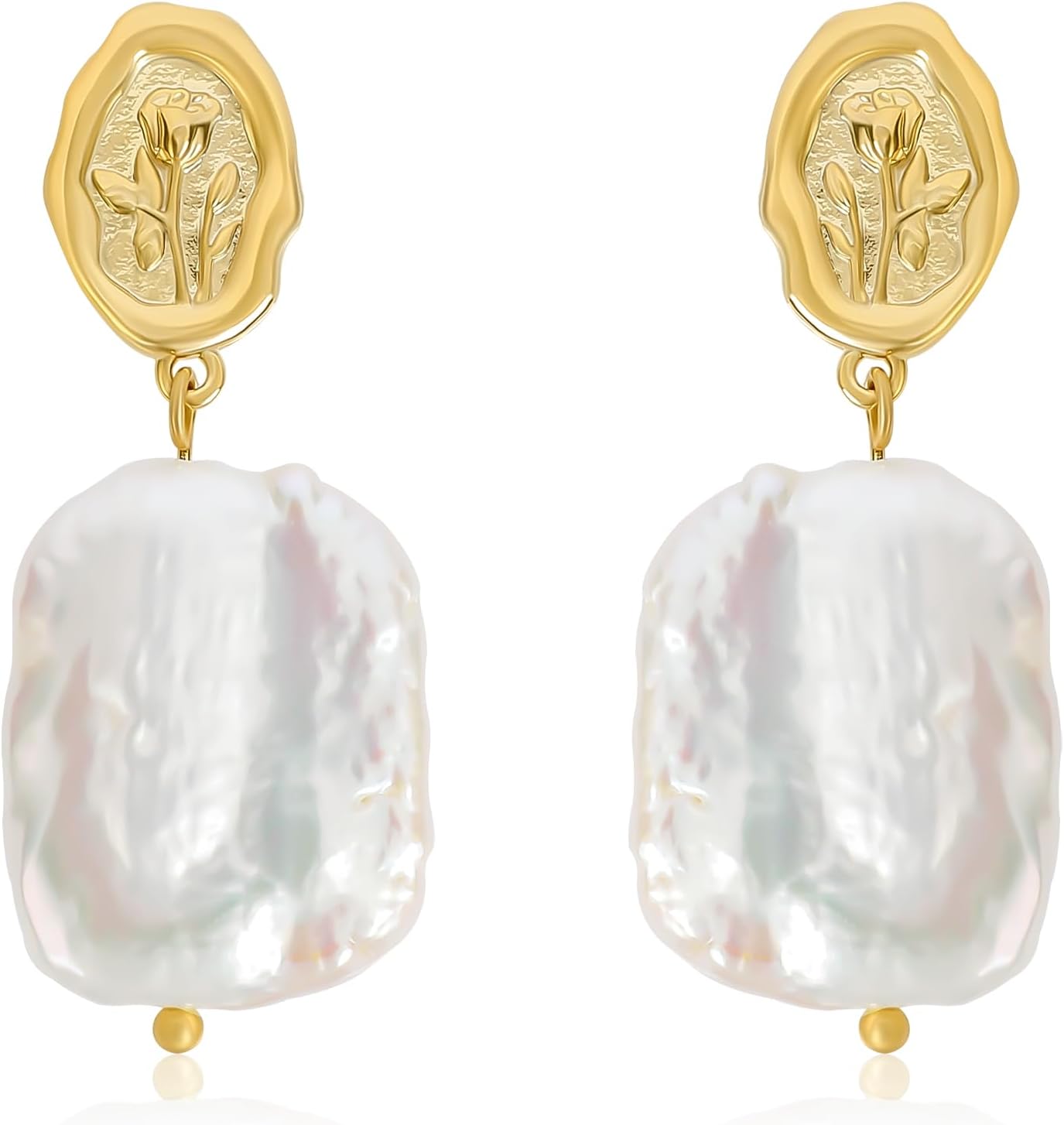 Dangle Baroque Pearl Earrings for Women - Vintage Gold Rose Flower 14K Gold Plated Boho Irregular Rectangle Natural Freshwater Earring - Bohemian Drop Jewelry Gifts for Her