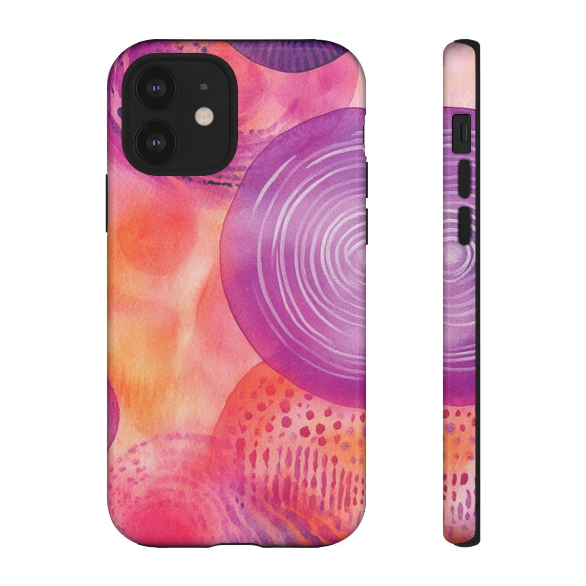 Coque rigide iPhone 12 violette cercles aquarelles abstraits chauds - 2
