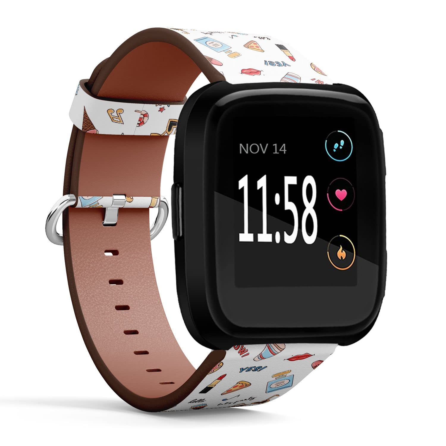 Compatible with Fitbit Versa 2 / Versa / Versa Lite / Versa SE Patterned Leather Replacement Band (Sketch comic fashion pattern with ice cream, diamond, donut, lips, sunglasses and hashtags)
