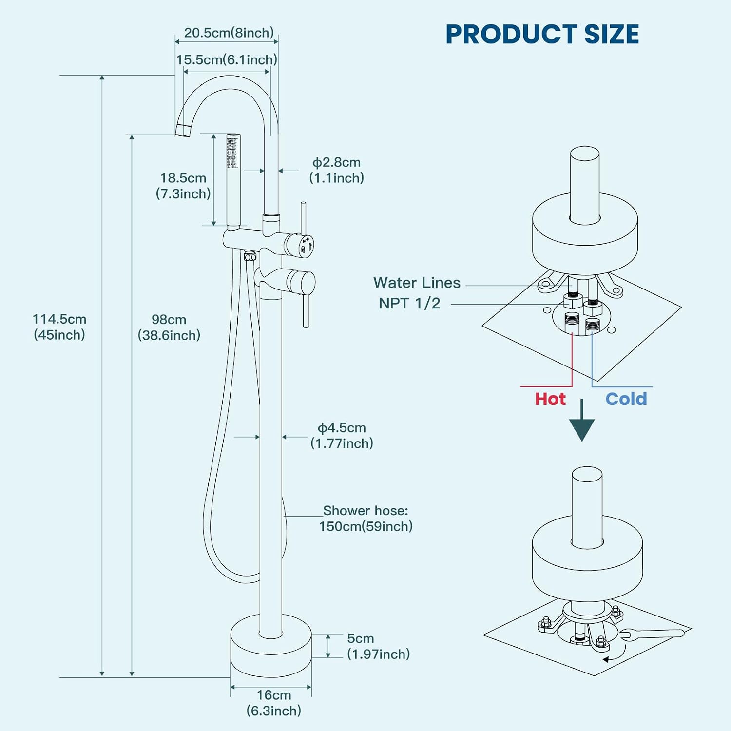 gotonovo Floor Mount Bathtub Faucet High Flow Freestanding Tub Filler Standing Shower Faucets with 360° Swivel Gooseneck Spout and Cylinder Handheld Spray, Polish Chrome