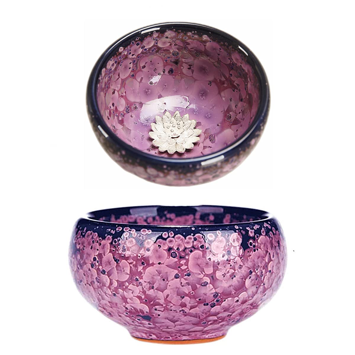 AoAo Colorful Peacock Pattern Ceramic Teacup Inlaid Silver Lotus, Chinese Gongfu JianZhan Handicrafts Cup - Master Cup - Best Collection (E-110ml)