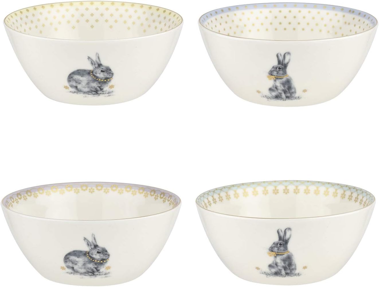 Spode Meadow Lane Cereal Bowls - Set of 4, Bunny Illustration with Gold Accent, Easter & Spring Table Decor - 6 Inch Assorted Pastel Porcelain Bowls, Giftable Collectible Dishware for Snacks & Dessert