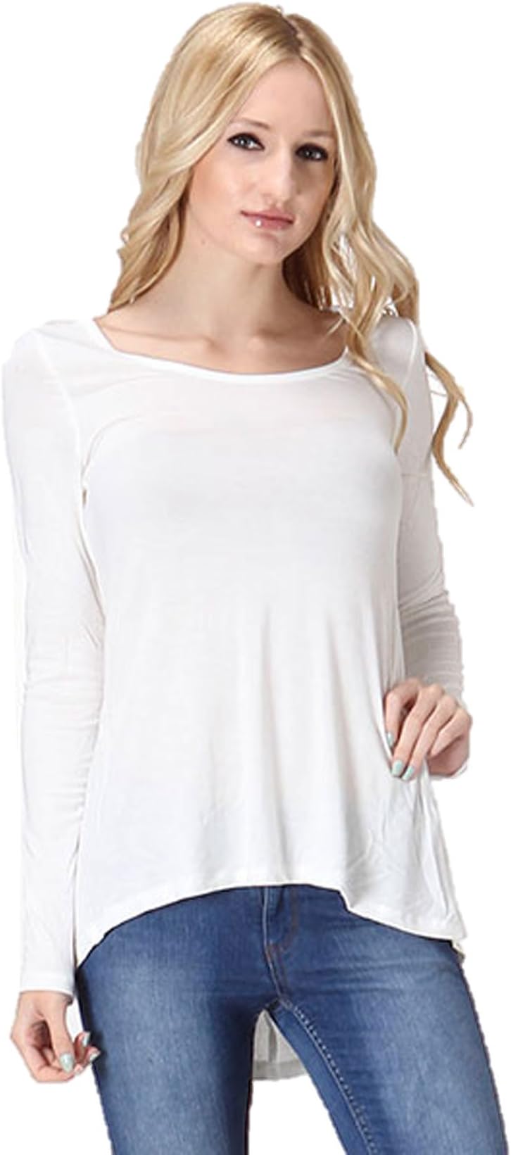 Women Scoop Neck Long Sleeve T Shirt Loose Tops High Low Hem Top (Medium, Off White)