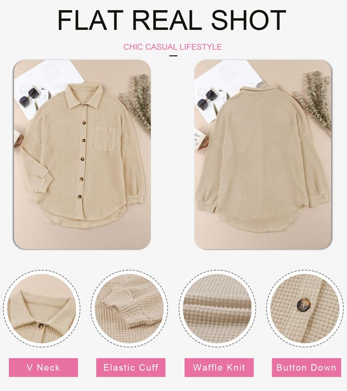 Image of Dokotoo Womens Waffle Knit Shacket Jacket Casual Button Down Shirts Tops | Long Sleeve,Loose Fit,Boyfriend Style,Collared V Neck,Fall Cardiga,Outwear with Pockets