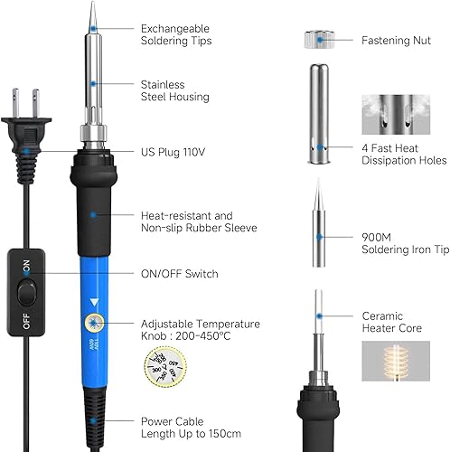 Miniatura 2 de LDK Kit de soldador de 60 W, soldador de 110 V con 5 puntas de soldadura, alambre de soldadura, herramientas de soldadura de soldadura de