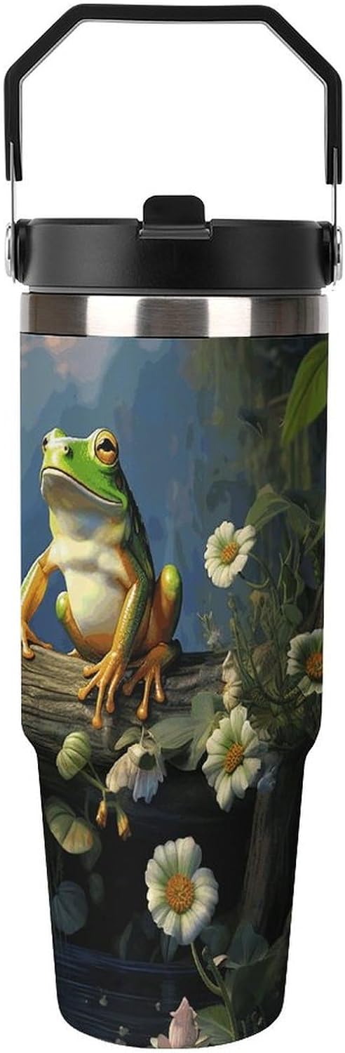 30oz Insulated Tumblers with Top Handle, Stainless Steel Many Frogs Sing on The Branches Summer Butterflies Lake Water Car Cup with Straw for Gift, Leak-Proof Double Wall Vacuum Travel Mug, Personaliz