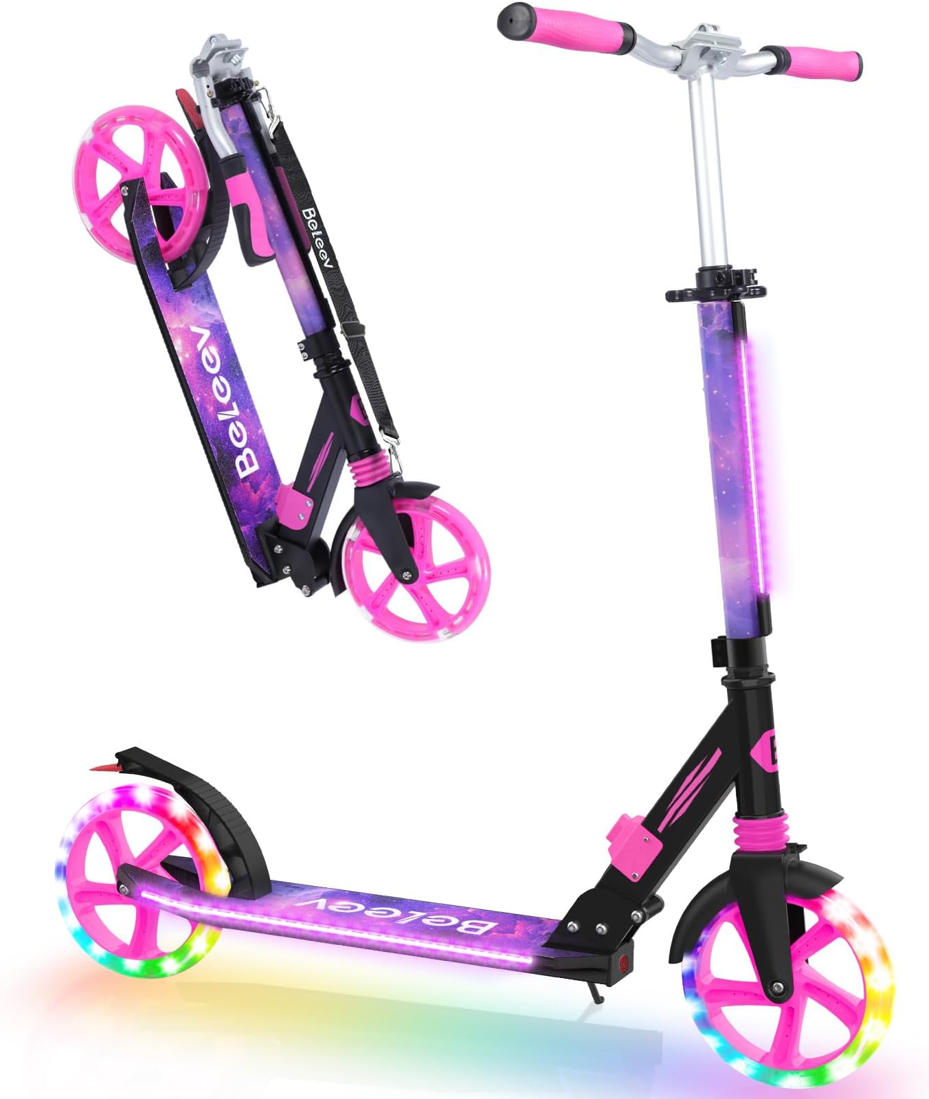 BELEEV V8 Scooters for Kids Ages 6+ with Light-Up Deck, 2 Wheel Folding Scooter for Adults Teens, 4 Adjustable Height, Lightweight Sport Commuter Scooter, Sturdy Frame, Max Load 220 lbs