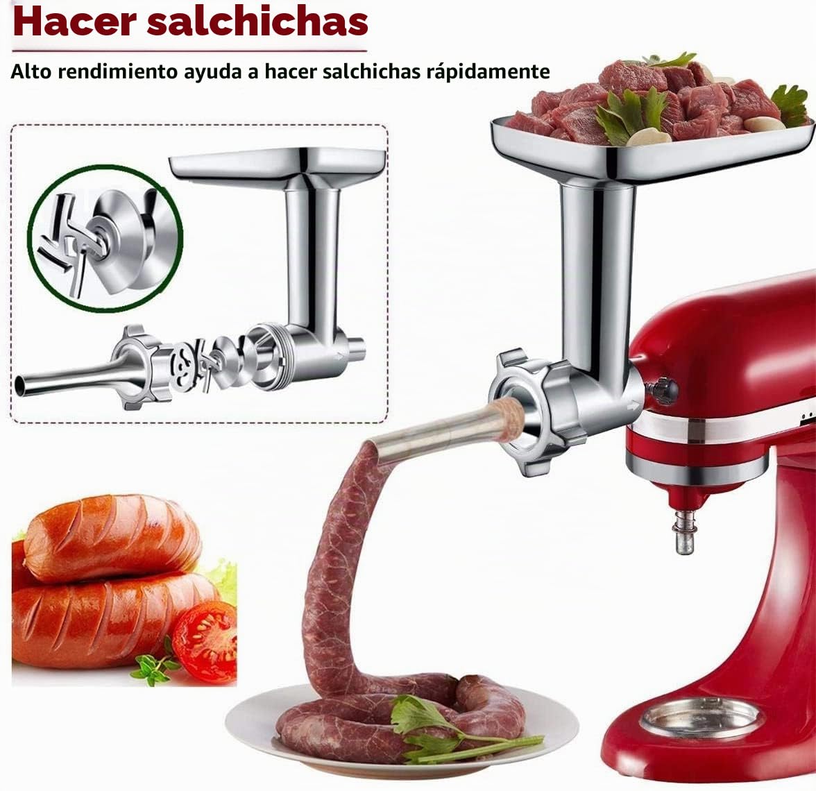 GVODE Accesorio picadora de carne para Kitchenaid robot de cocina, incluye 3 cuernos para rellenar salchichas,Accesorios picadora de carne para KitchenAid