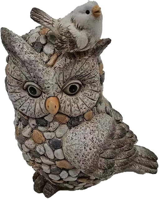 G&H Decor - 24cm Owl with Bird Grey Tone Sculpture - Poly Resin Garden Statue - Hand Finished with Intricate Detail - Suitable for Indoor or Outdoor Use - Frost Resistant Lawn Ornament Patio Gift