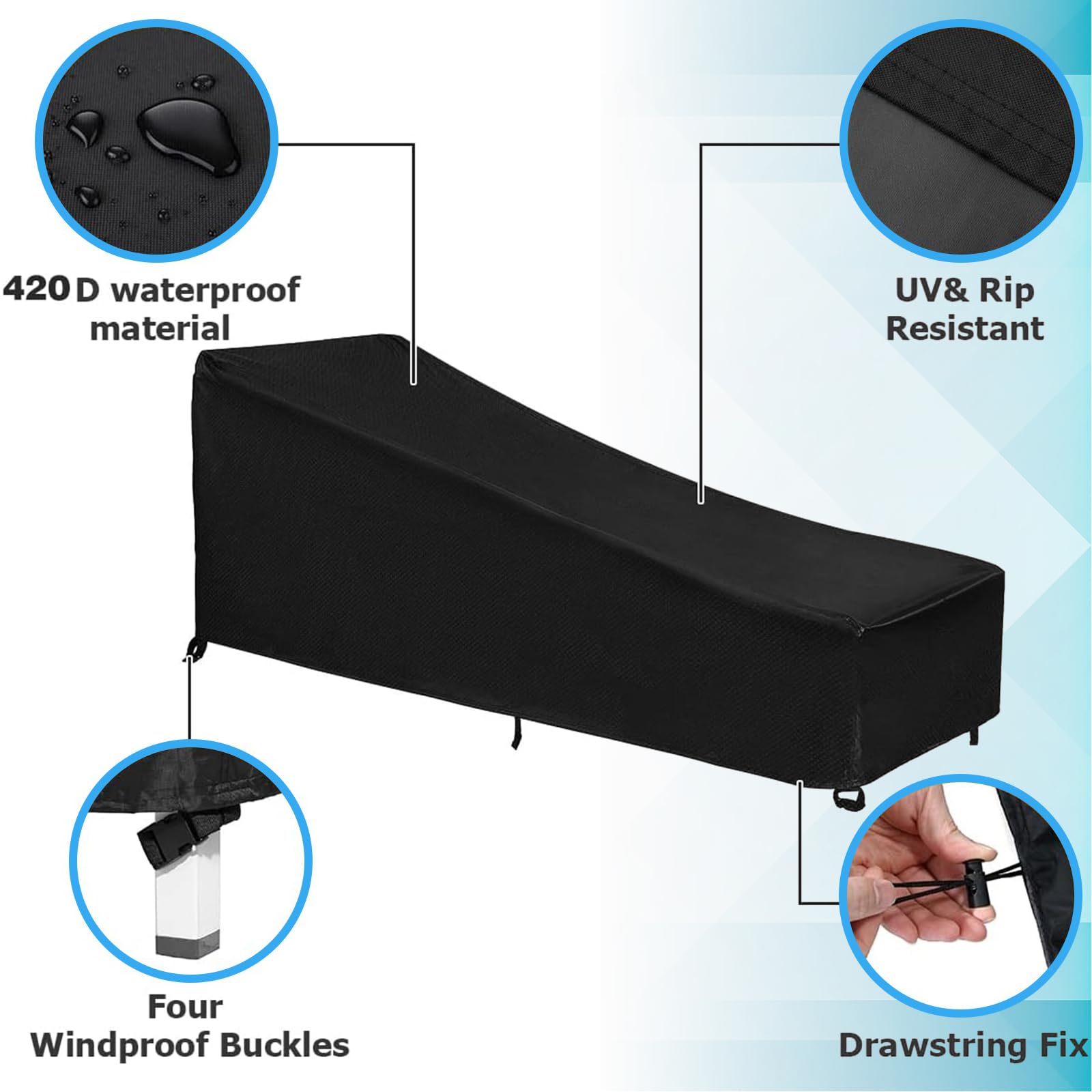 GARPROVM Housse de chaise longue de jardin, housse de protection pour chaise longue 200x75x40/70cm, tissu Oxford 420D imperméable anti-poussière, bâche pour chaise longue résistante aux intempéries