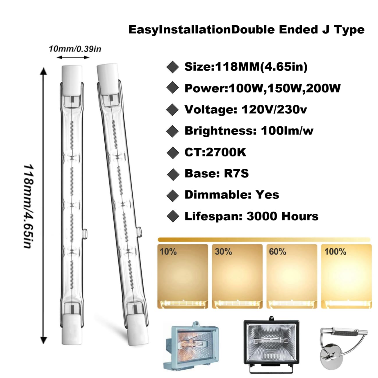 R7S Halogenlampe 118mm 2700K doppelseitig T3 lineare Halogenlampen, dimmbarer J-Typ Flutlicht für Stehlampen, Landschaftsbeleuchtung (400W-10 PC/118mm-230V)