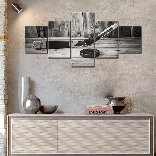 Miniatura 4 de Lienzo rústico de hockey para pared, arte de pared para sala de estar, palo de hockey vintage antiguo y disco sobre textura de madera, imagen de