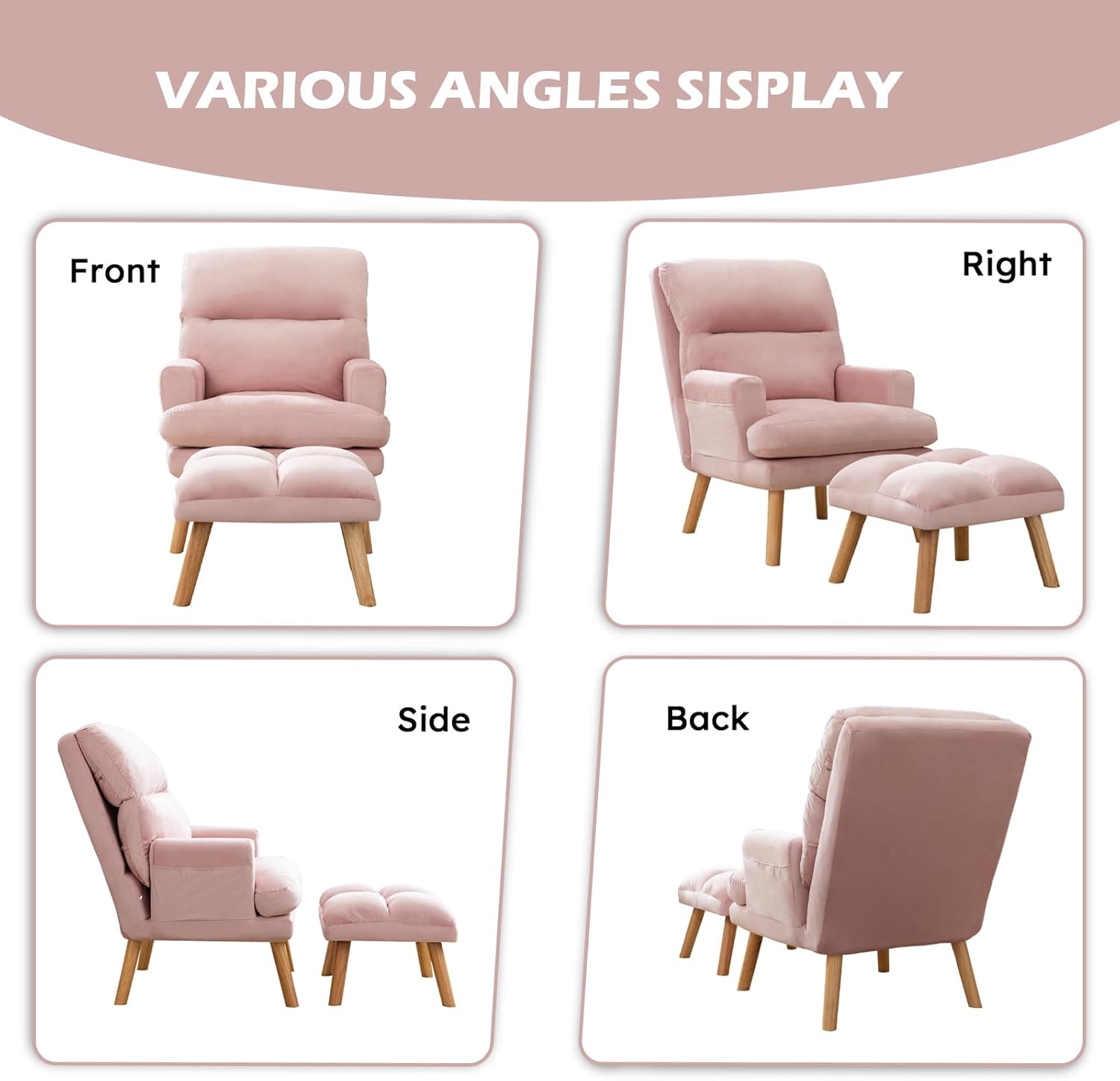 IOMOR Accent Chair with Ottoman Comfy Reading Chair Armchair with Adjustable Backrest and Side Pockets Soft Fabric Leisure Sofa for Bedroom, Living Room, Dorm Rooms, Garden, Pink