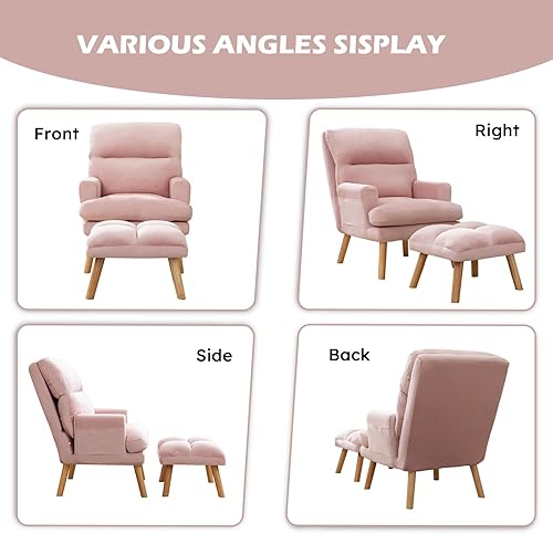 Miniatura 6 de Silla decorativa con otomana cómoda silla de lectura con respaldo ajustable y bolsillos laterales, sofá de ocio de tela suave para dormitorio, sala