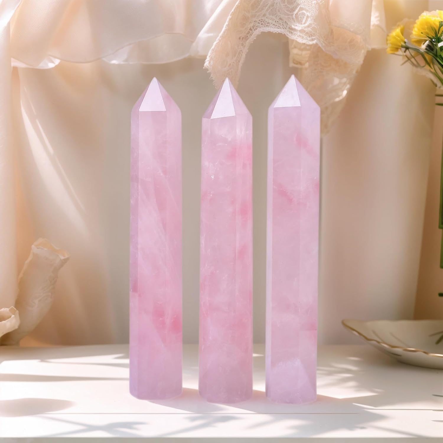 Rose Quartz Crystal Tower 6-6.3" - 6 Faceted Single Point Crystal Wand for Chakra, Reiki, Meditation & Energy Healing Home Decor Gift