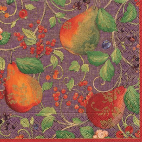 Entertaining with Caspari Luncheon Napkins, Decorated Pears Aubergine, Pack of 20