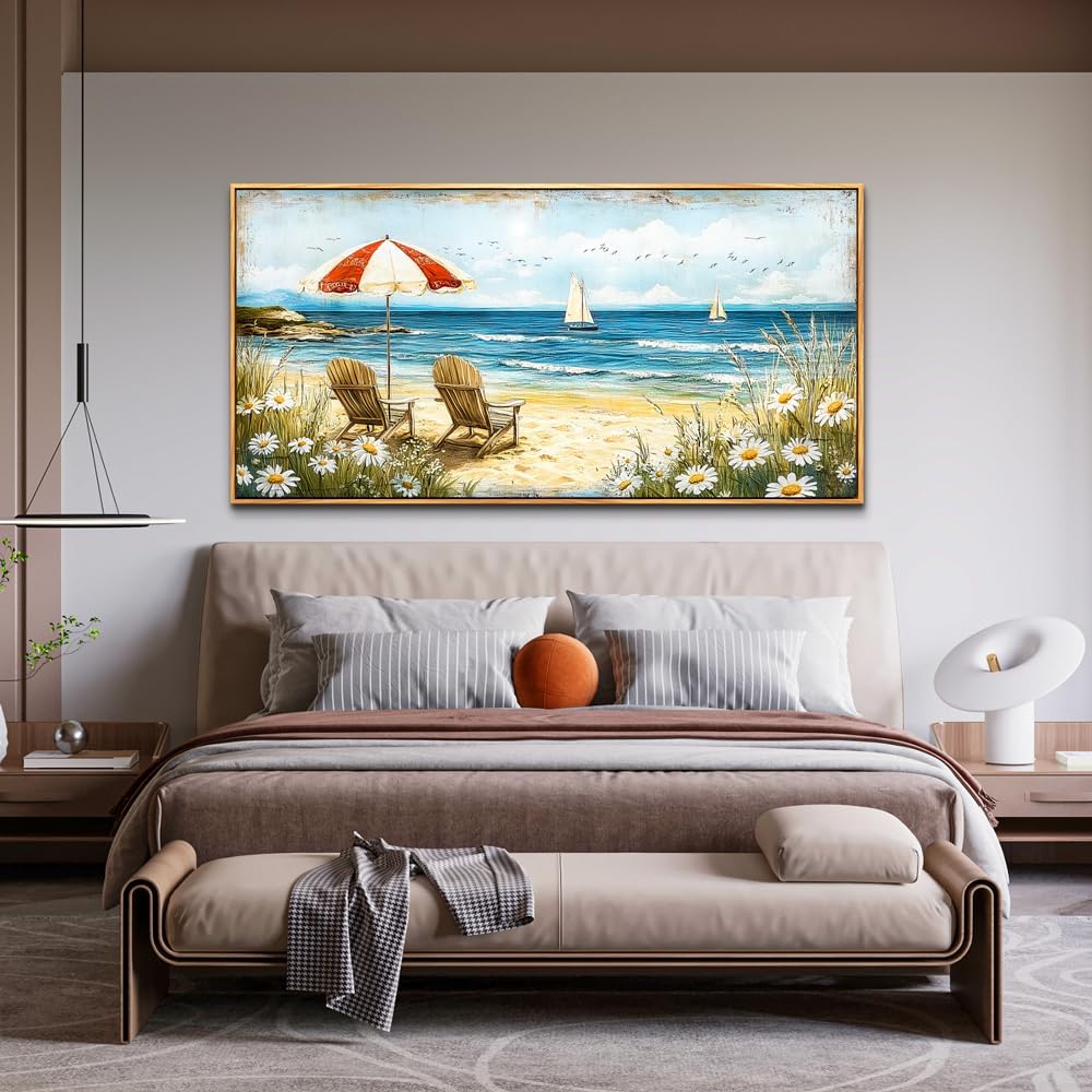 ERQINHUA Large Wall Decor Canvas Painting Wall Art For Living Room Bedroom Home Decoration Blue Seaside Landscape Painting Print For office Dining Room Bathroom Wall Aesthetics Wood Frame 30x60 In