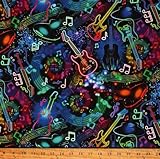TIMELESS TREASURES Cotton Neon Music Notes & Guitars Musical Instruments Black Cotton Fabric Print by The Yard (MUSIC-CD2978-BLACK)