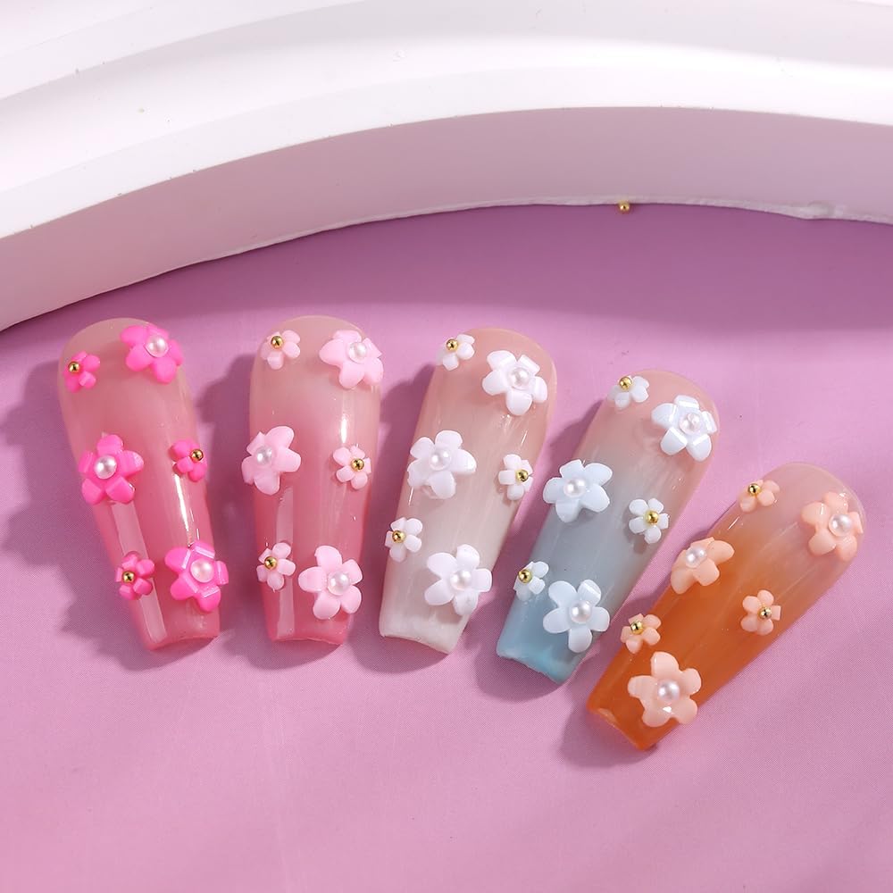 3D Flower Nail Charms, Colorful Acrylic Flower Petals Floral Blossom Nail Decorations with Caviar Beads and Flatback Pearls Rhinestones for Nail Art DIY Manicure Jewel Accessories